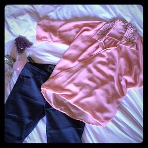 Surplice top with navy pants